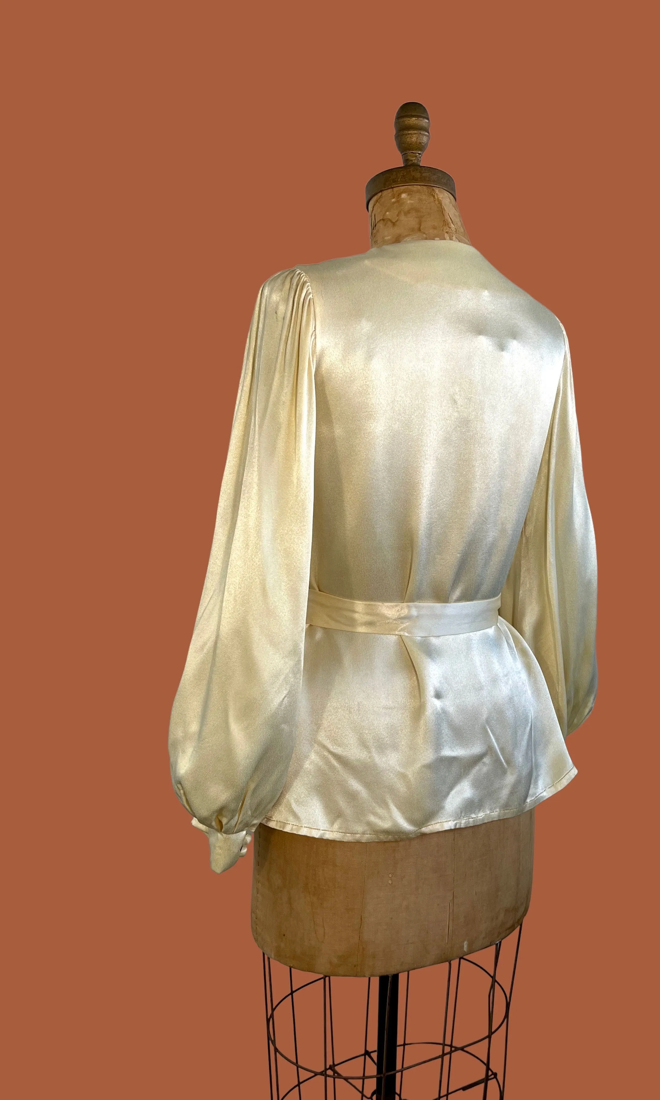 POLISHED BOHEMIAN 70s Sateen Embroidered Blouse with Bishop Sleeves, Medium
