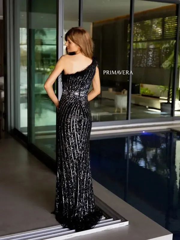 Primavera Couture 4112 Long Prom Dress One Shoulder Feathers High Slit Sequin Fitted Formal Pageant  Gown