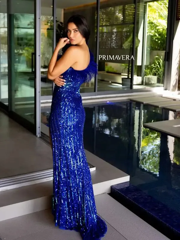 Primavera Couture 4112 Size 6 Purple Long Prom Dress One Shoulder Feathers High Slit Sequin Fitted Formal Pageant  Gown