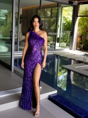 Primavera Couture 4112 Size 6 Purple Long Prom Dress One Shoulder Feathers High Slit Sequin Fitted Formal Pageant  Gown