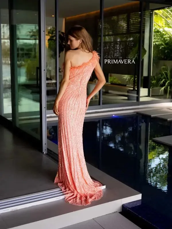 Primavera Couture 4112 Size 6 Purple Long Prom Dress One Shoulder Feathers High Slit Sequin Fitted Formal Pageant  Gown