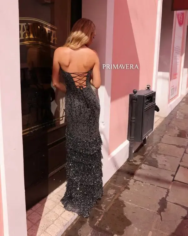 Primavera Couture 4128 Long Prom Dress Corset Sequins Fitted Ruffle Tiered Strapless Sweetheart Neckline Formal Pageant Gown