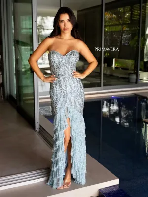 Primavera Couture 4128 Long Prom Dress Corset Sequins Fitted Ruffle Tiered Strapless Sweetheart Neckline Formal Pageant Gown