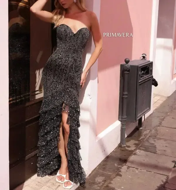 Primavera Couture 4128 Long Prom Dress Corset Sequins Fitted Ruffle Tiered Strapless Sweetheart Neckline Formal Pageant Gown