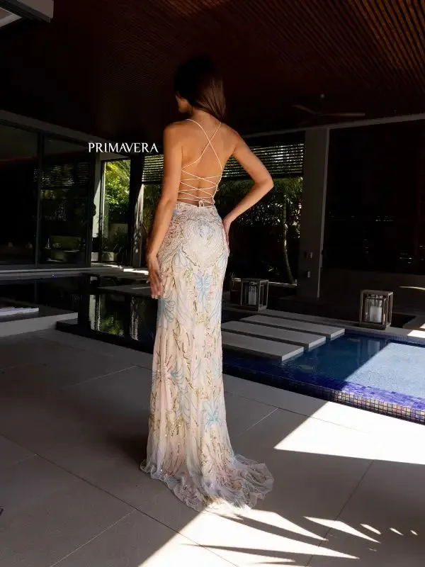 Primavera Couture 4156 Size 8, 18 Orchid Long Prom Dress Scoop Neck Fitted Sequin Lace Up Back High Slit Formal Pageant Gown