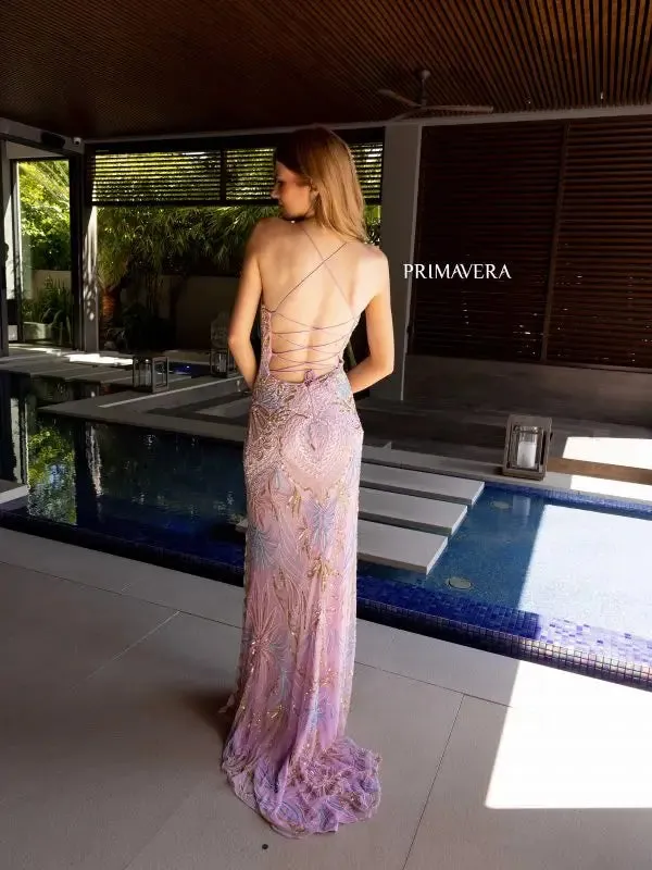 Primavera Couture 4156 Size 8, 18 Orchid Long Prom Dress Scoop Neck Fitted Sequin Lace Up Back High Slit Formal Pageant Gown