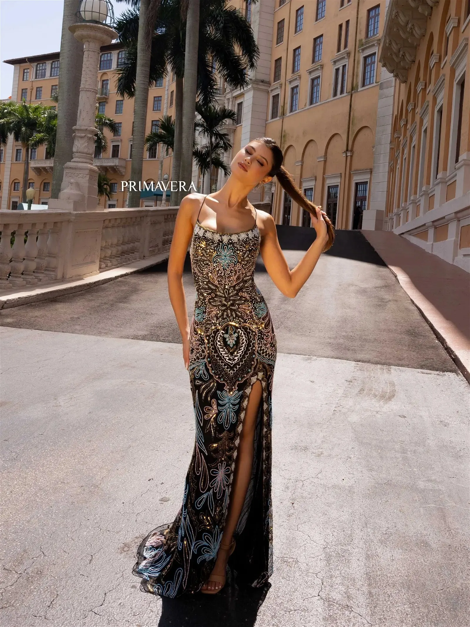 Primavera Couture 4156 Size 8, 18 Orchid Long Prom Dress Scoop Neck Fitted Sequin Lace Up Back High Slit Formal Pageant Gown