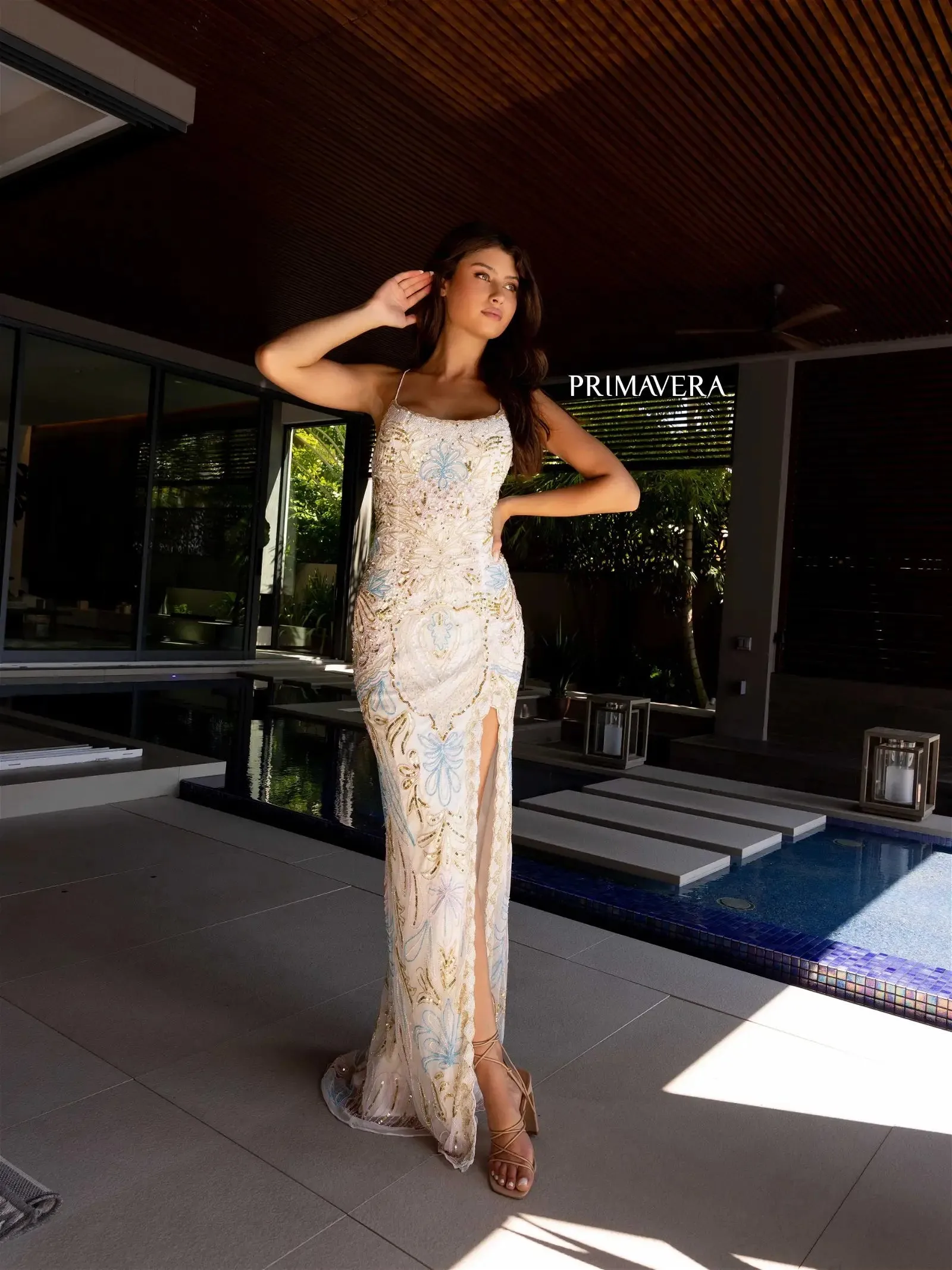 Primavera Couture 4156 Size 8, 18 Orchid Long Prom Dress Scoop Neck Fitted Sequin Lace Up Back High Slit Formal Pageant Gown