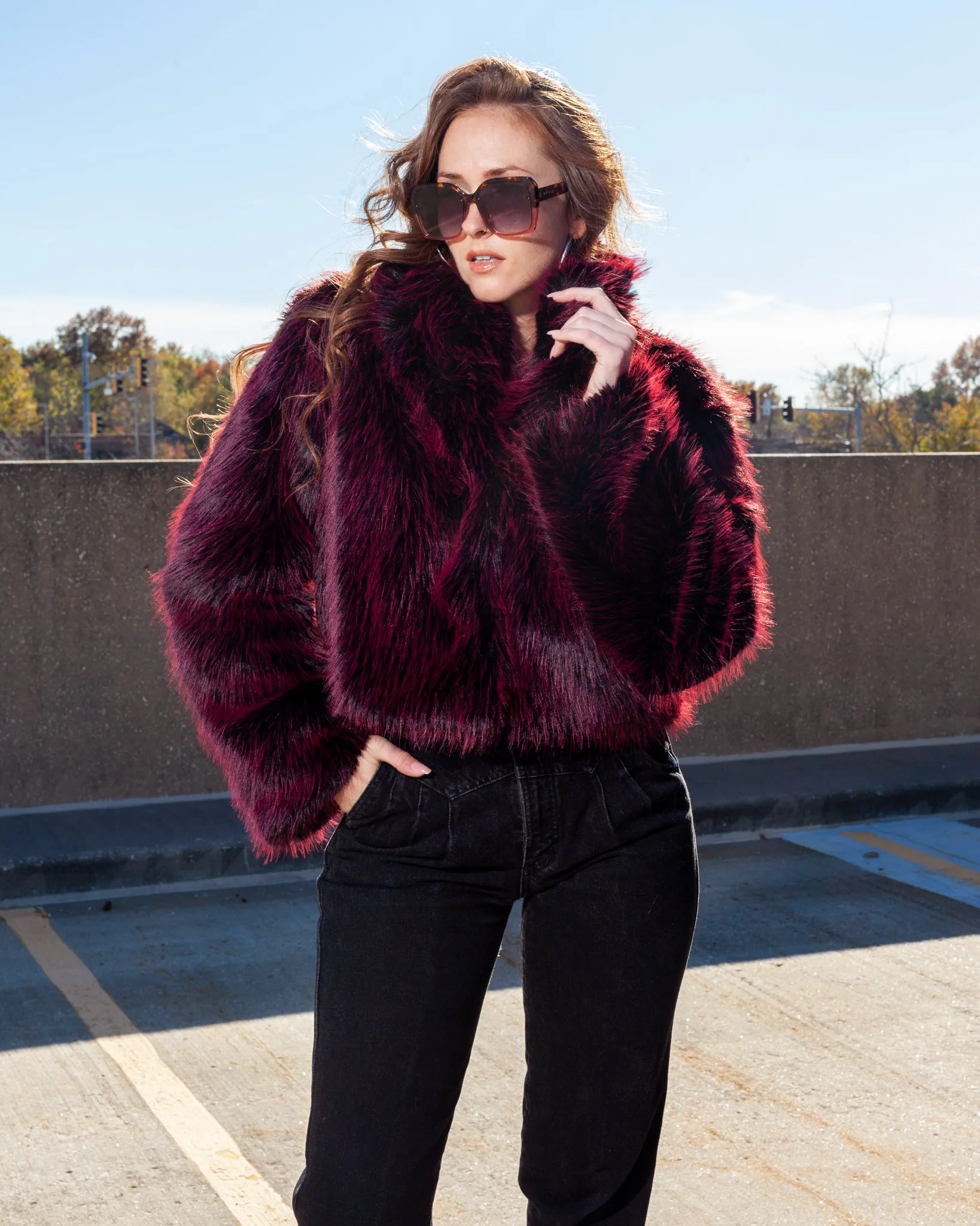 Red and Black Shaggy Faux Fur Cropped Coat   Oversized Collar