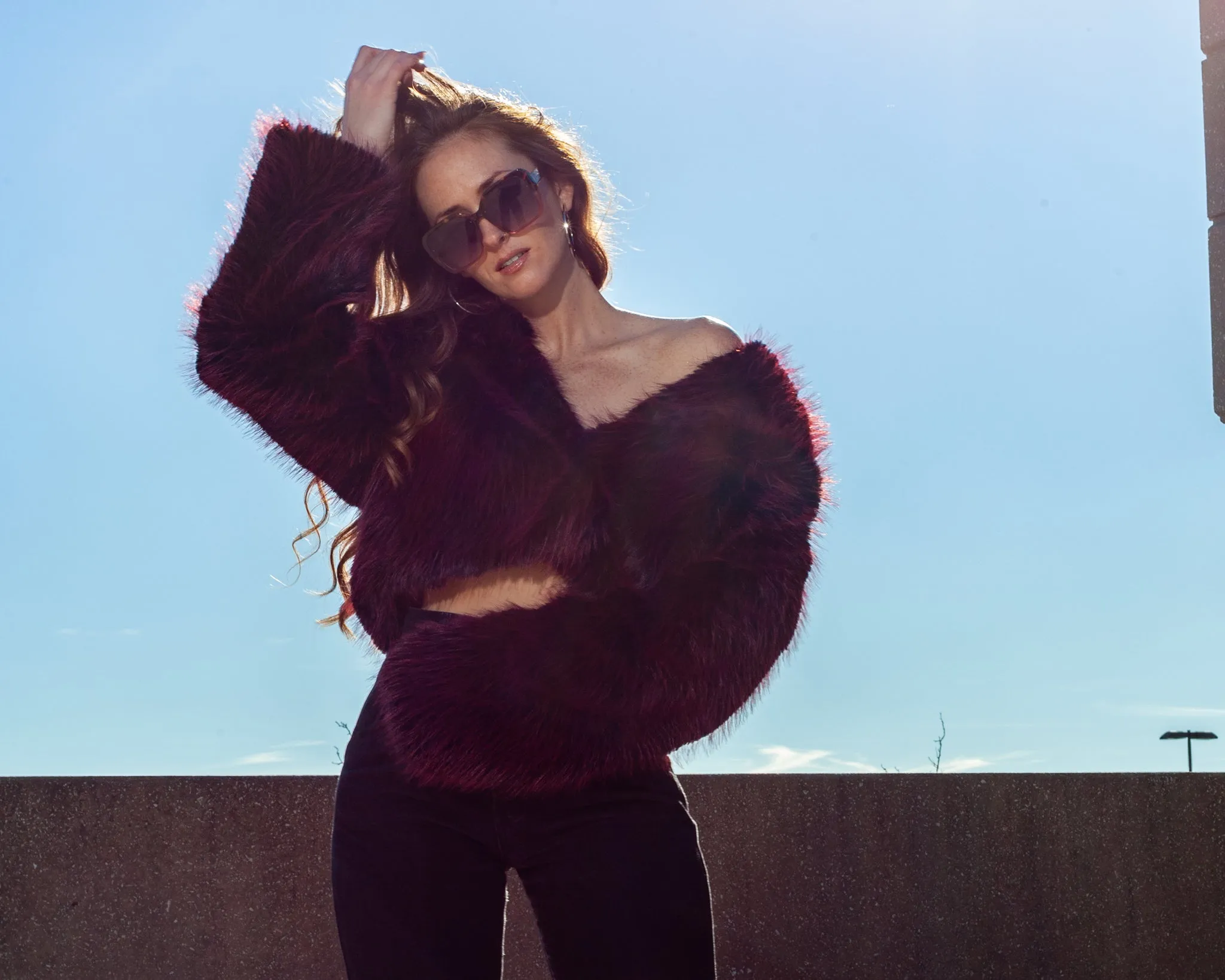 Red and Black Shaggy Faux Fur Cropped Coat   Oversized Collar