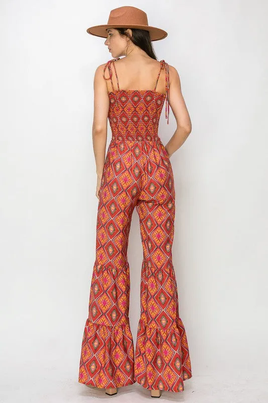 Red Multi Boho Print Smocked Flared Jumpsuit
