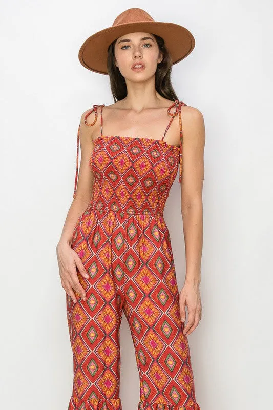 Red Multi Boho Print Smocked Flared Jumpsuit