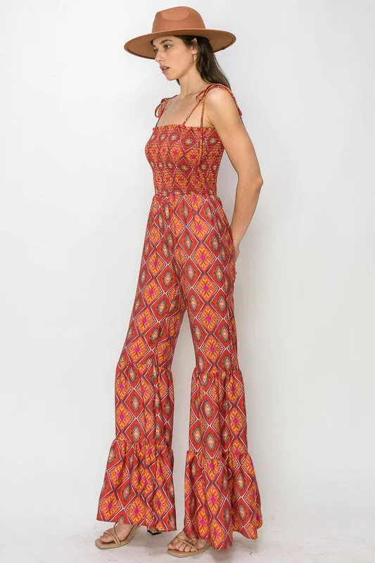 Red Multi Boho Print Smocked Flared Jumpsuit