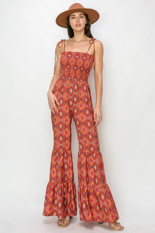 Red Multi Boho Print Smocked Flared Jumpsuit