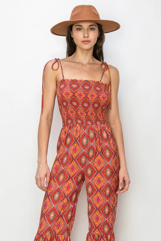 Red Multi Boho Print Smocked Flared Jumpsuit