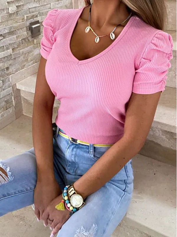 Ribbed Knit V-Neck Puff Sleeves Top