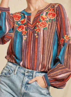 Rose Embroidered Stripe Top | Savanna Jane
