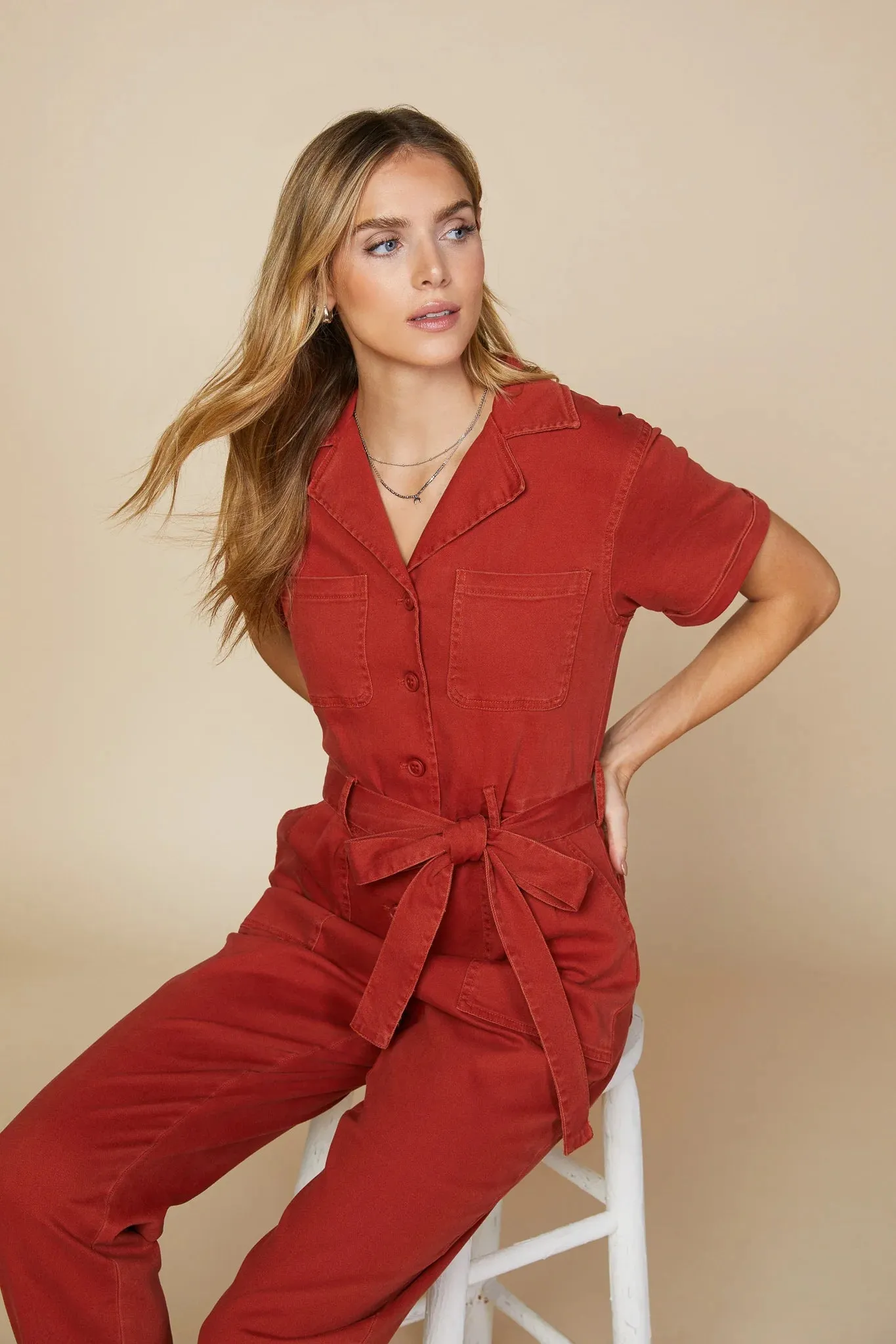 Rust Short Sleeve Washed Utility Jumpsuit