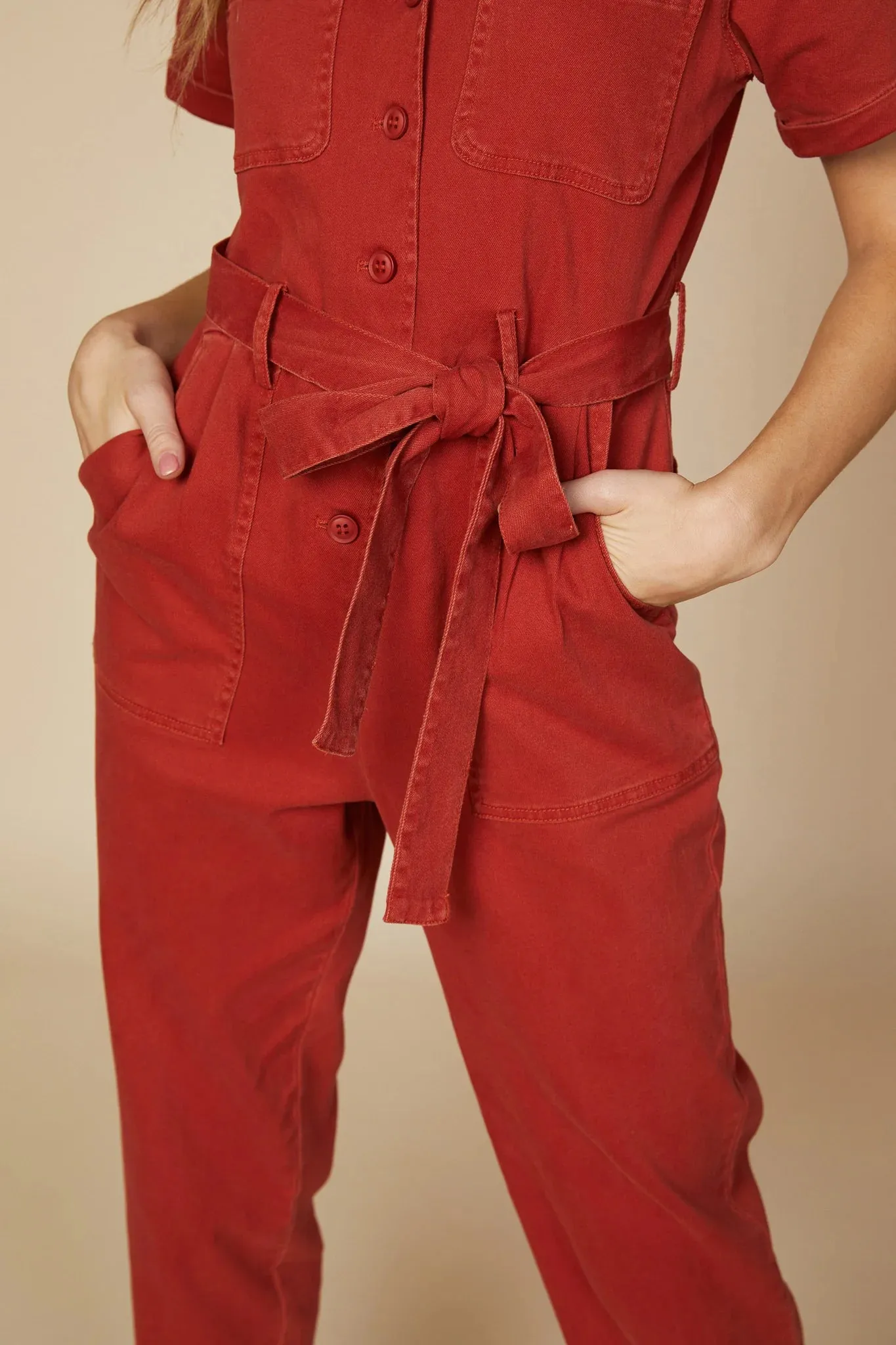 Rust Short Sleeve Washed Utility Jumpsuit
