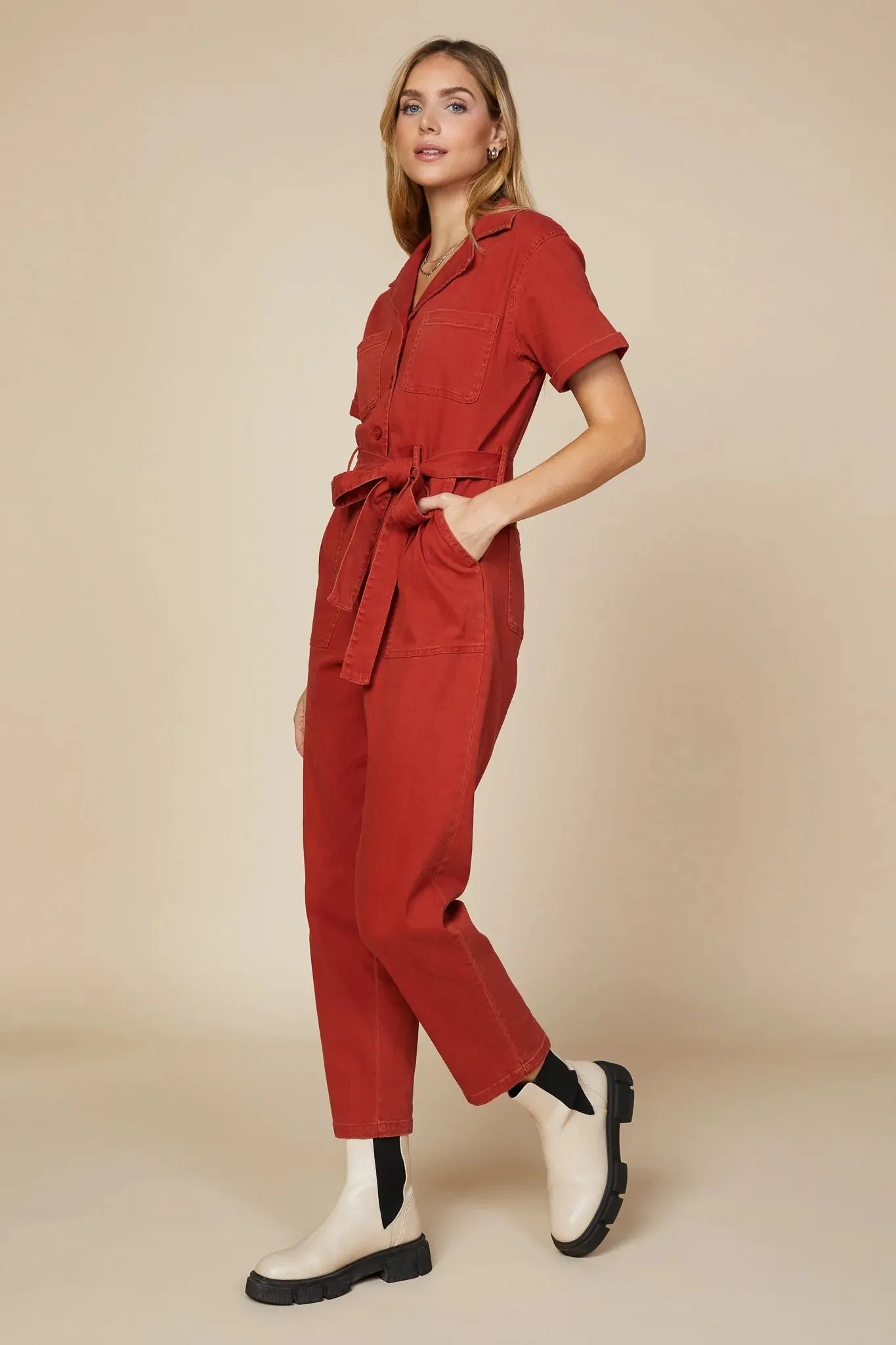 Rust Short Sleeve Washed Utility Jumpsuit