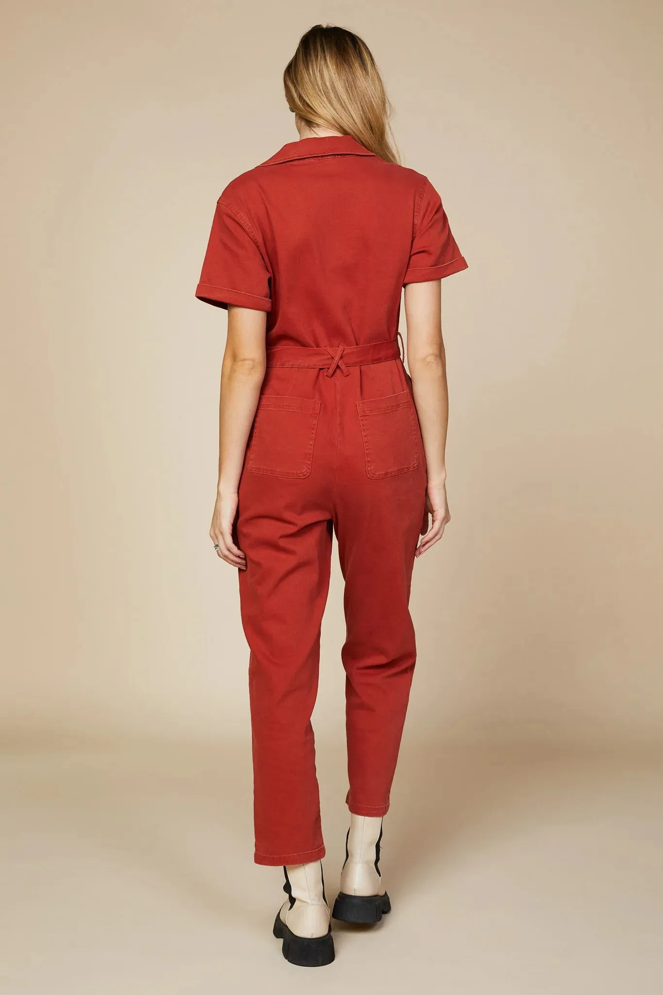 Rust Short Sleeve Washed Utility Jumpsuit