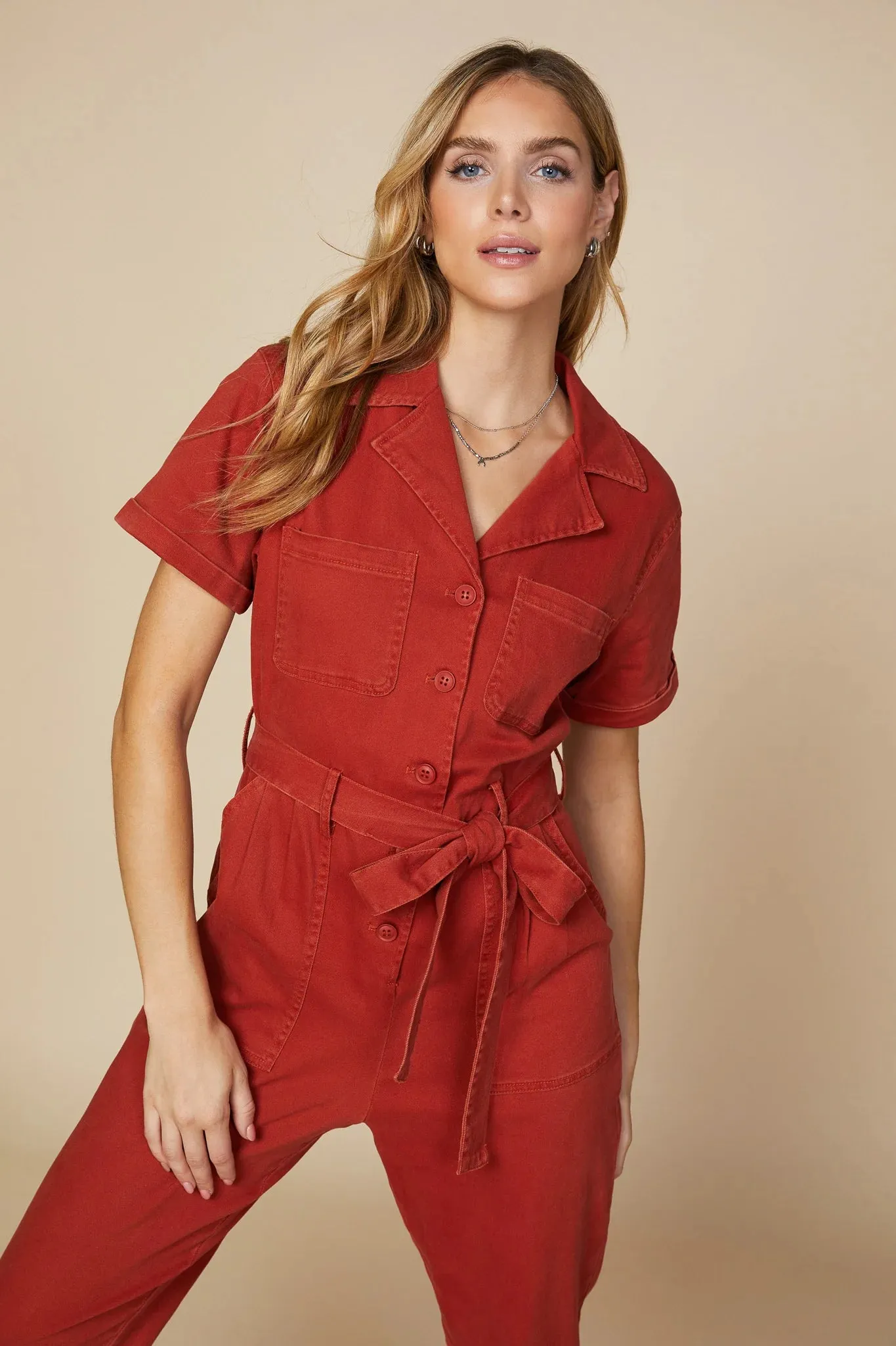 Rust Short Sleeve Washed Utility Jumpsuit
