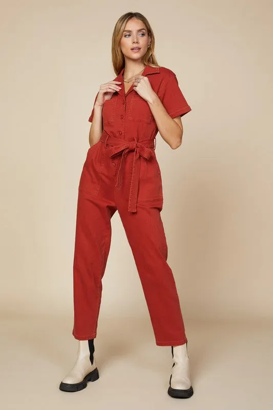 Rust Short Sleeve Washed Utility Jumpsuit