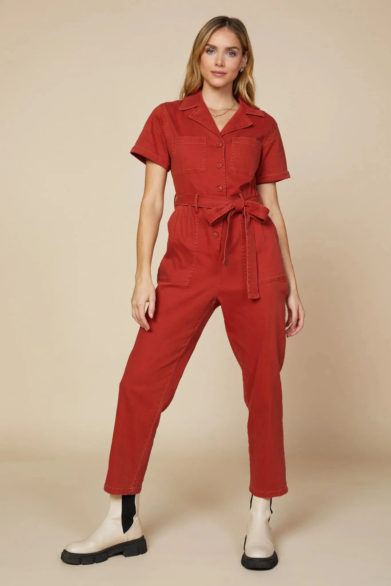 Rust Short Sleeve Washed Utility Jumpsuit