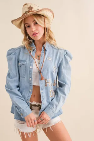 Sequin HOWDY Chambray Button Up with Puff Sleeves Shirt