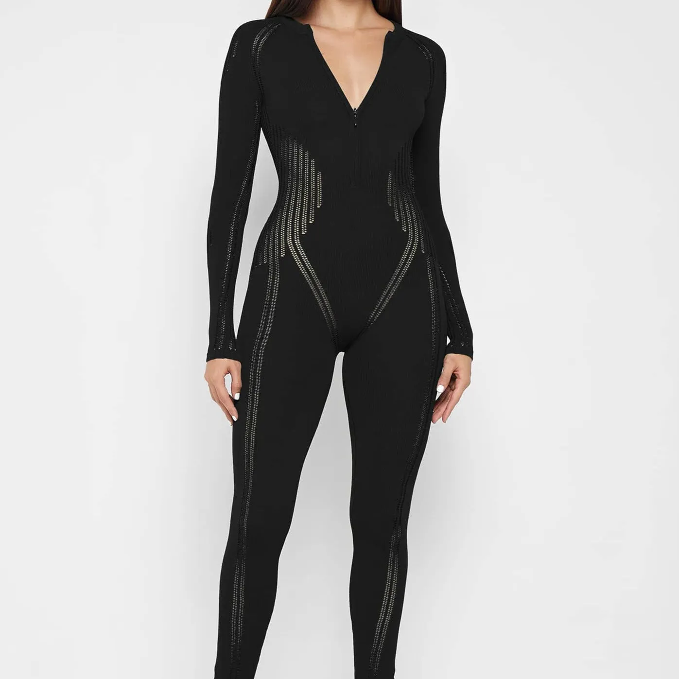 Solid Splice Mesh Bodycon Jumpsuit