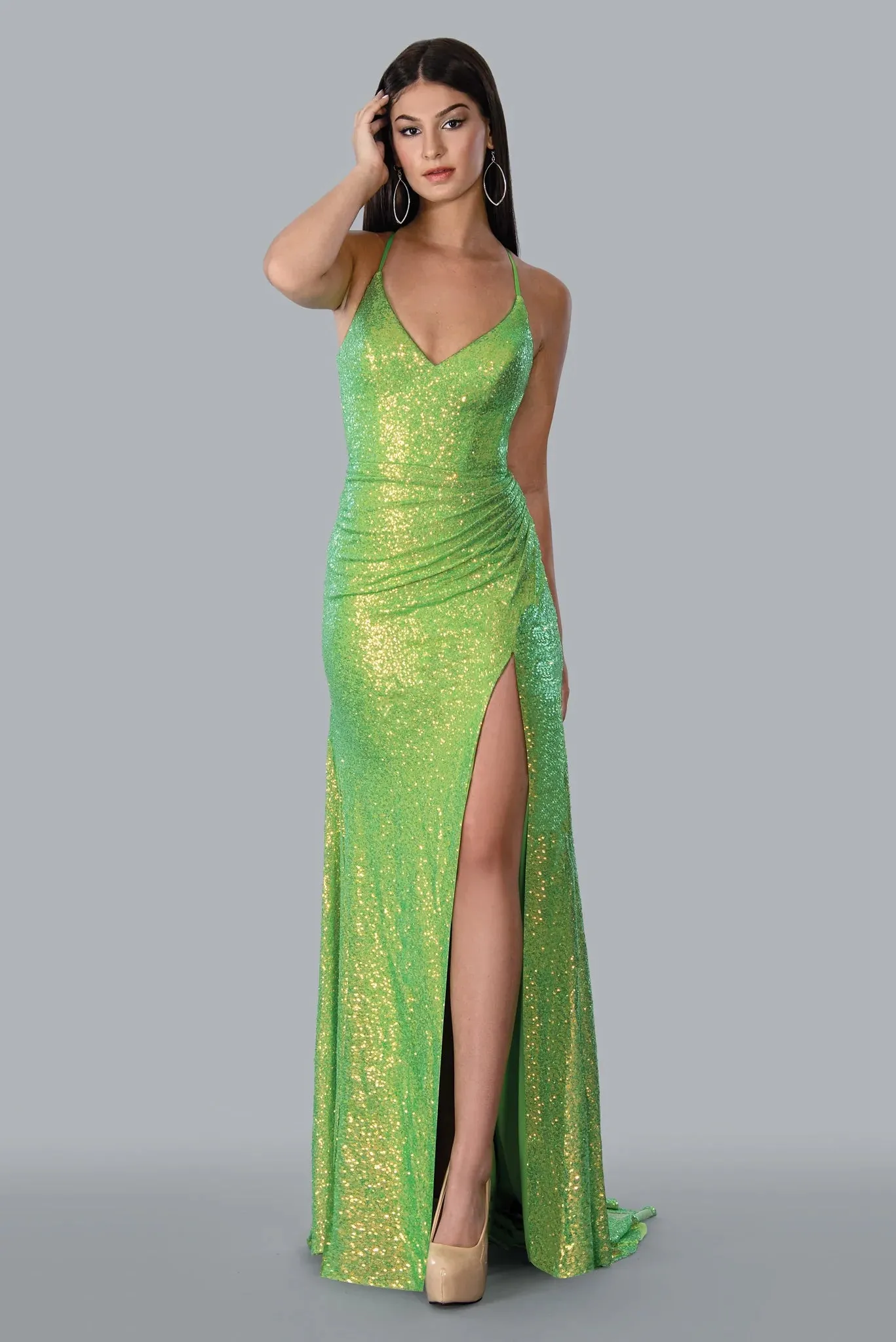Stella Couture 23141 Size 4 Orange Long Fitted Sequin Backless Corset Prom Dress Slit Formal Gown