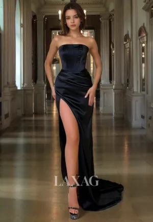 Strapless Pleated Sleek Satin High Slit Prom Dress Sleeveless Pleated Formal Evening Gowns with Sweep Train