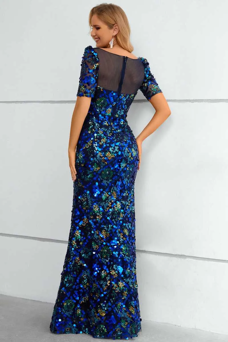 Stunning Blue Sequin Short Sleeve Mermaid Long Evening Dress