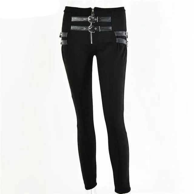 Suede Skinny High Waist Buckle Pant - Black