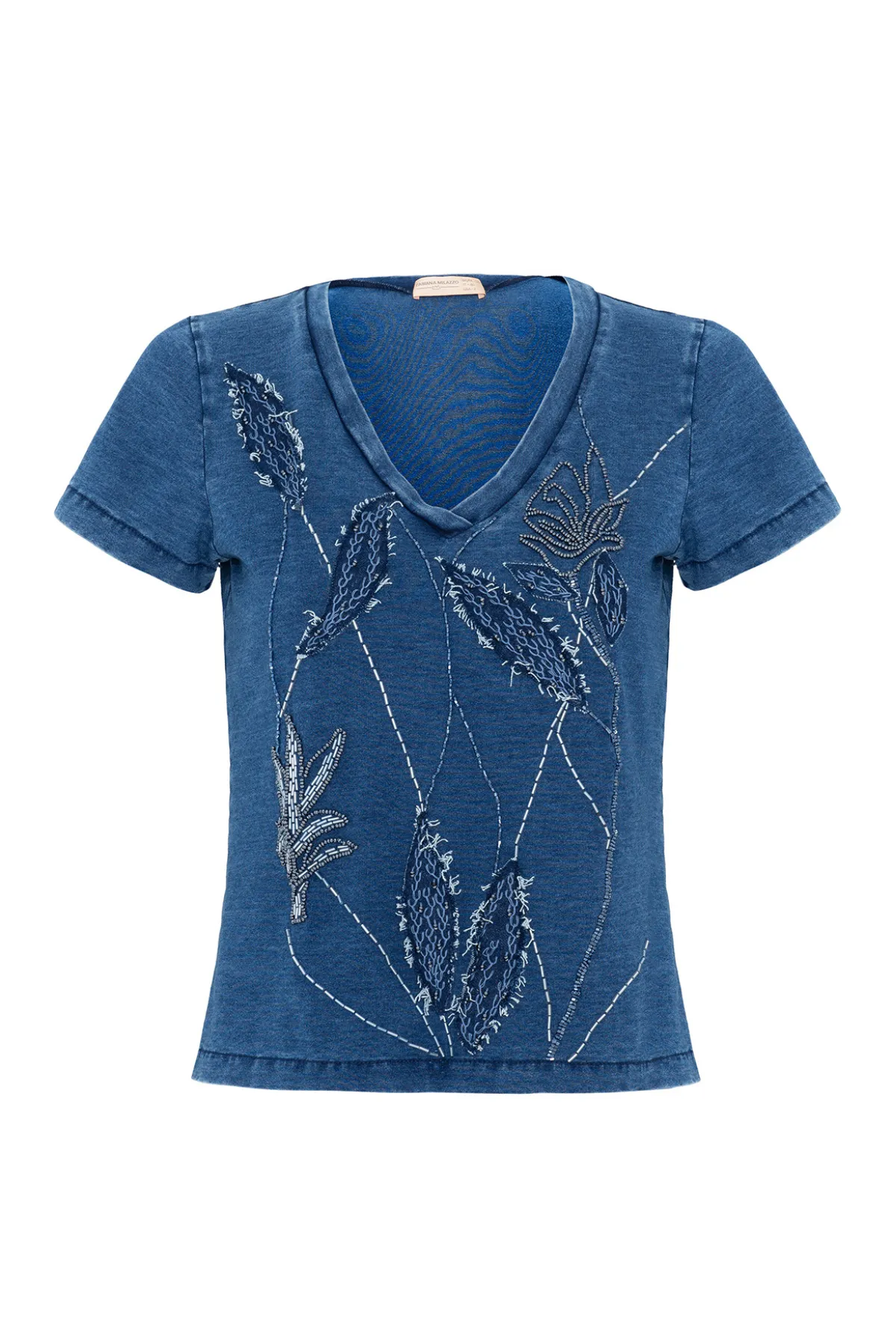 T- Shirt Malha Denim Bordada com Decote em V