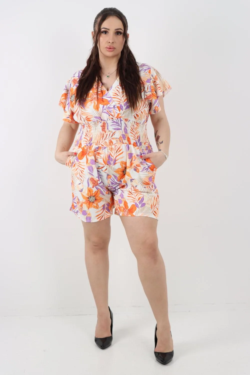 Tie Back Shirred Elasticated Waist Printed Playsuit