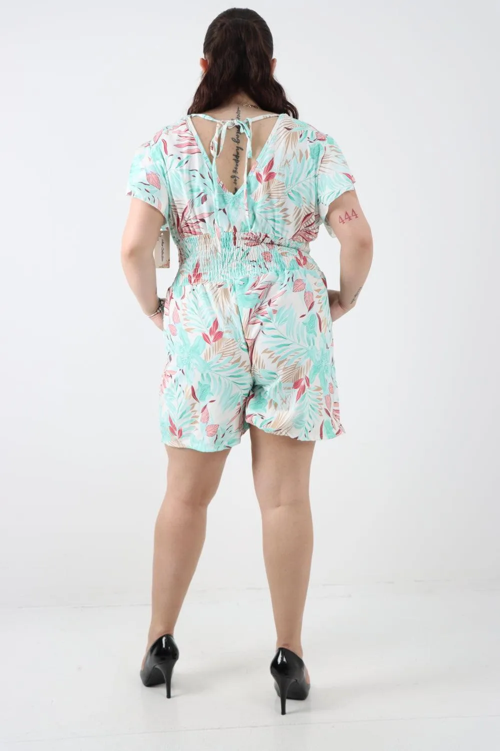 Tie Back Shirred Elasticated Waist Printed Playsuit