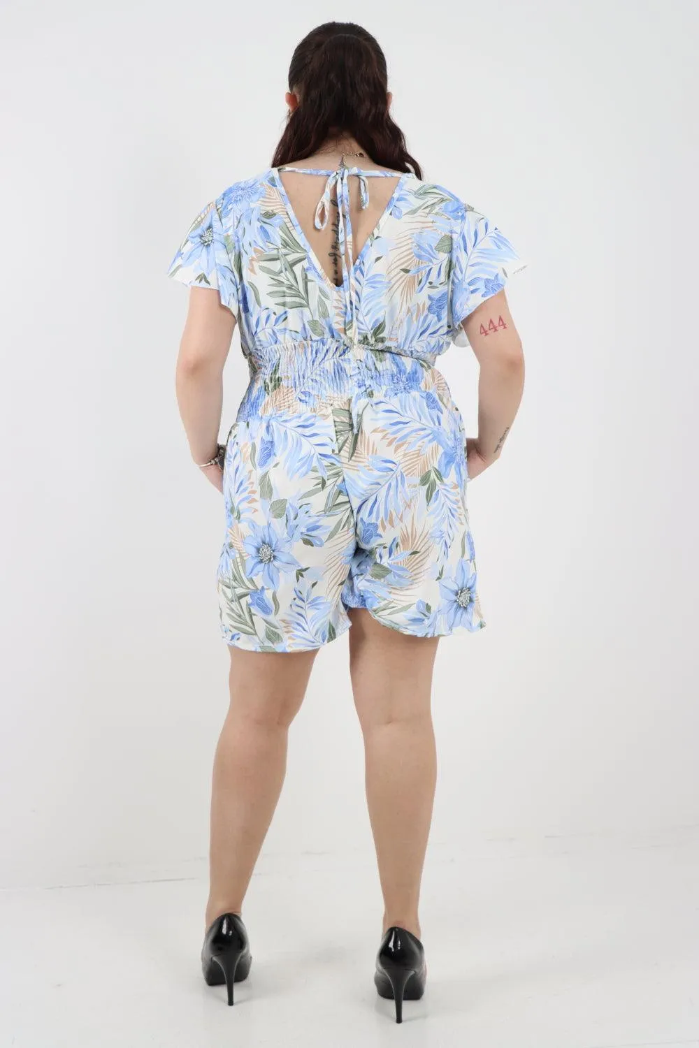 Tie Back Shirred Elasticated Waist Printed Playsuit