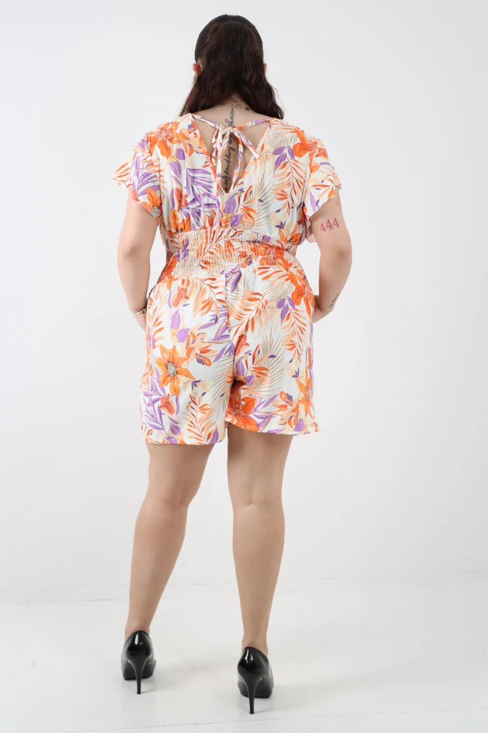 Tie Back Shirred Elasticated Waist Printed Playsuit