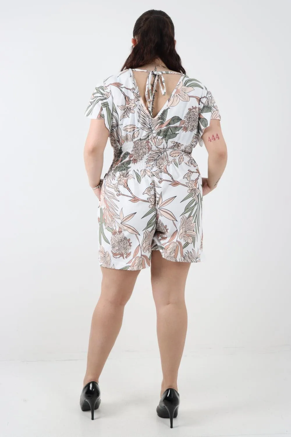 Tie Back Shirred Elasticated Waist Printed Playsuit