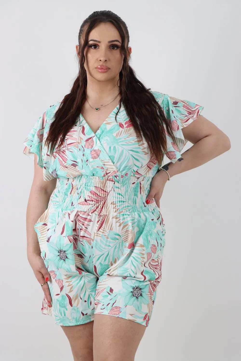 Tie Back Shirred Elasticated Waist Printed Playsuit