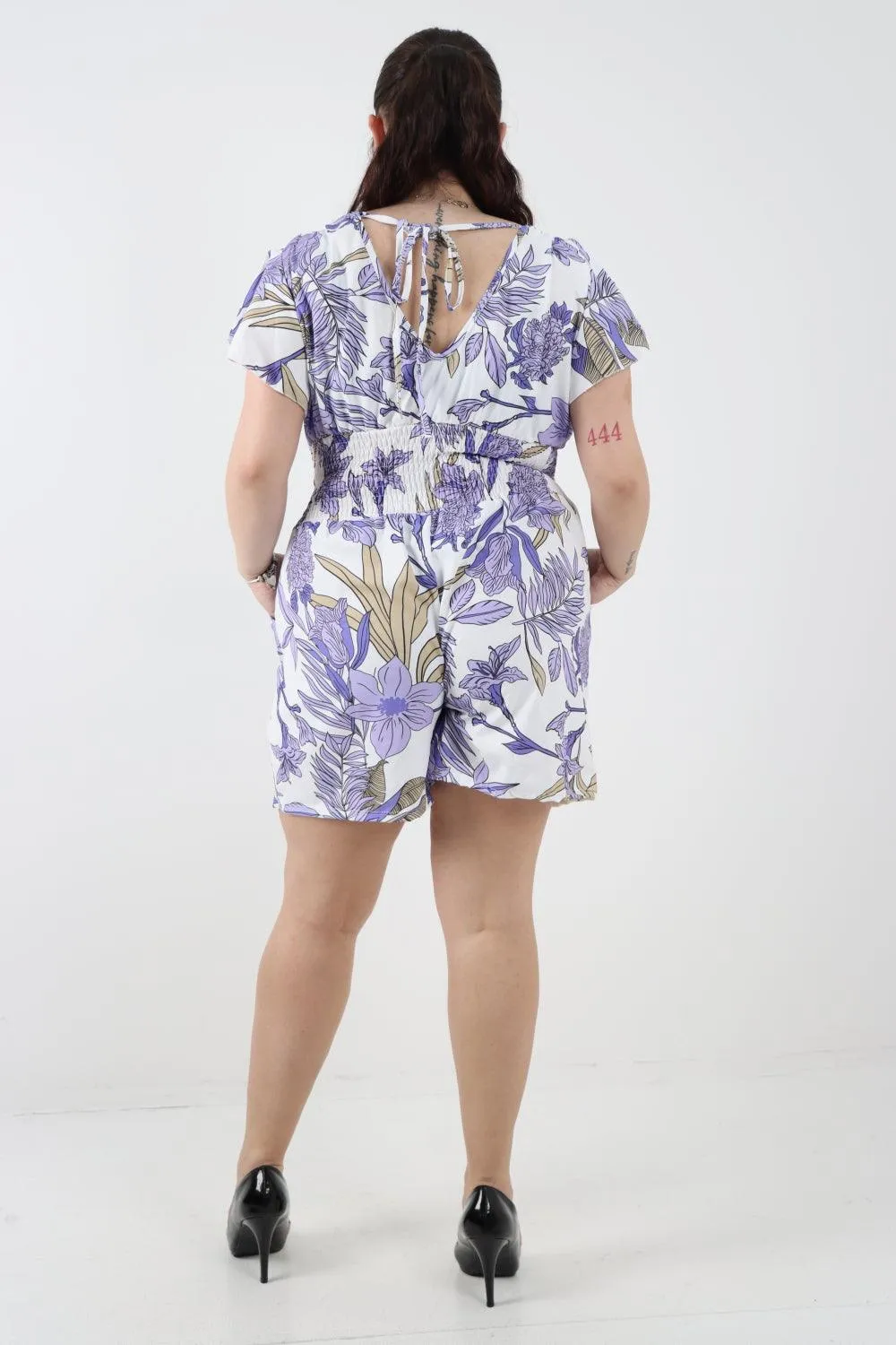 Tie Back Shirred Elasticated Waist Printed Playsuit