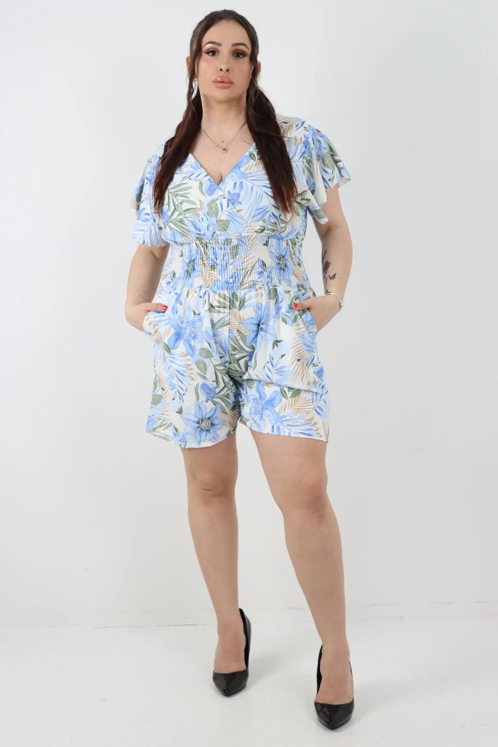 Tie Back Shirred Elasticated Waist Printed Playsuit