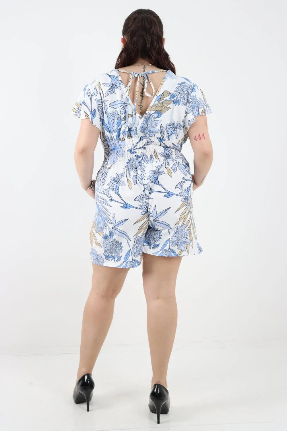 Tie Back Shirred Elasticated Waist Printed Playsuit