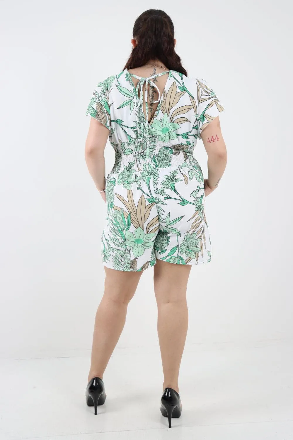 Tie Back Shirred Elasticated Waist Printed Playsuit