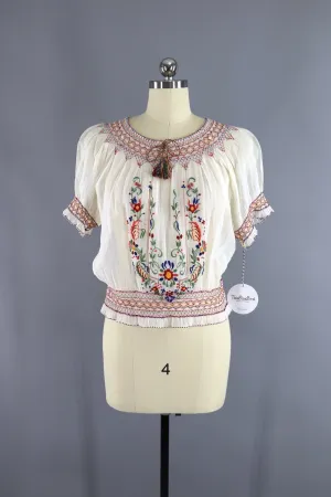 Vintage 1930s Embroidered Peasant Blouse / Red Floral Hungarian Embroidery