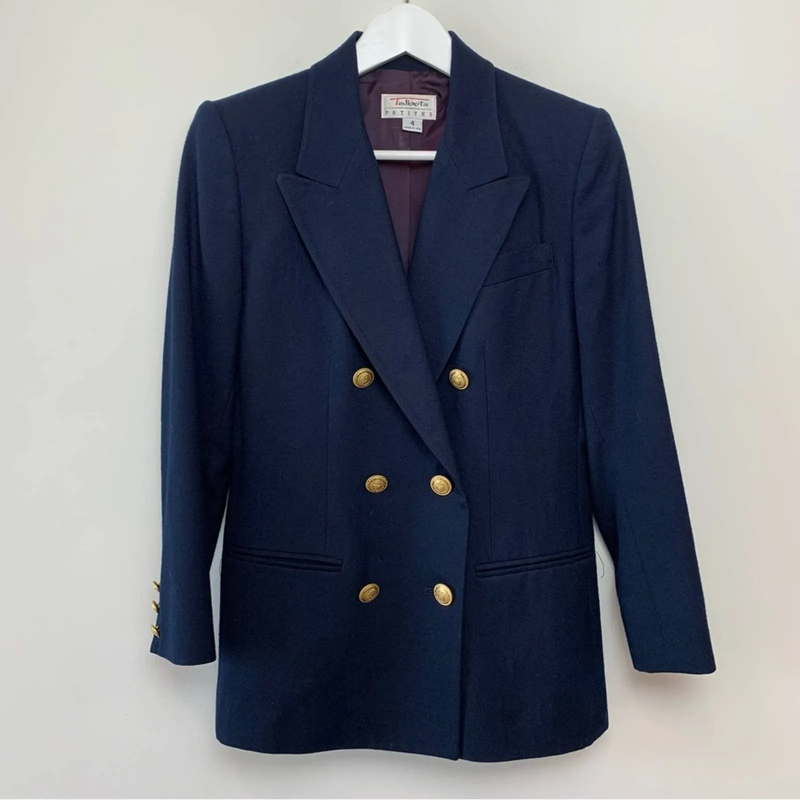 Vintage 80s 90s Talbots Blazer Double Breasted Gold Buttons Navy Blue 4P Wool