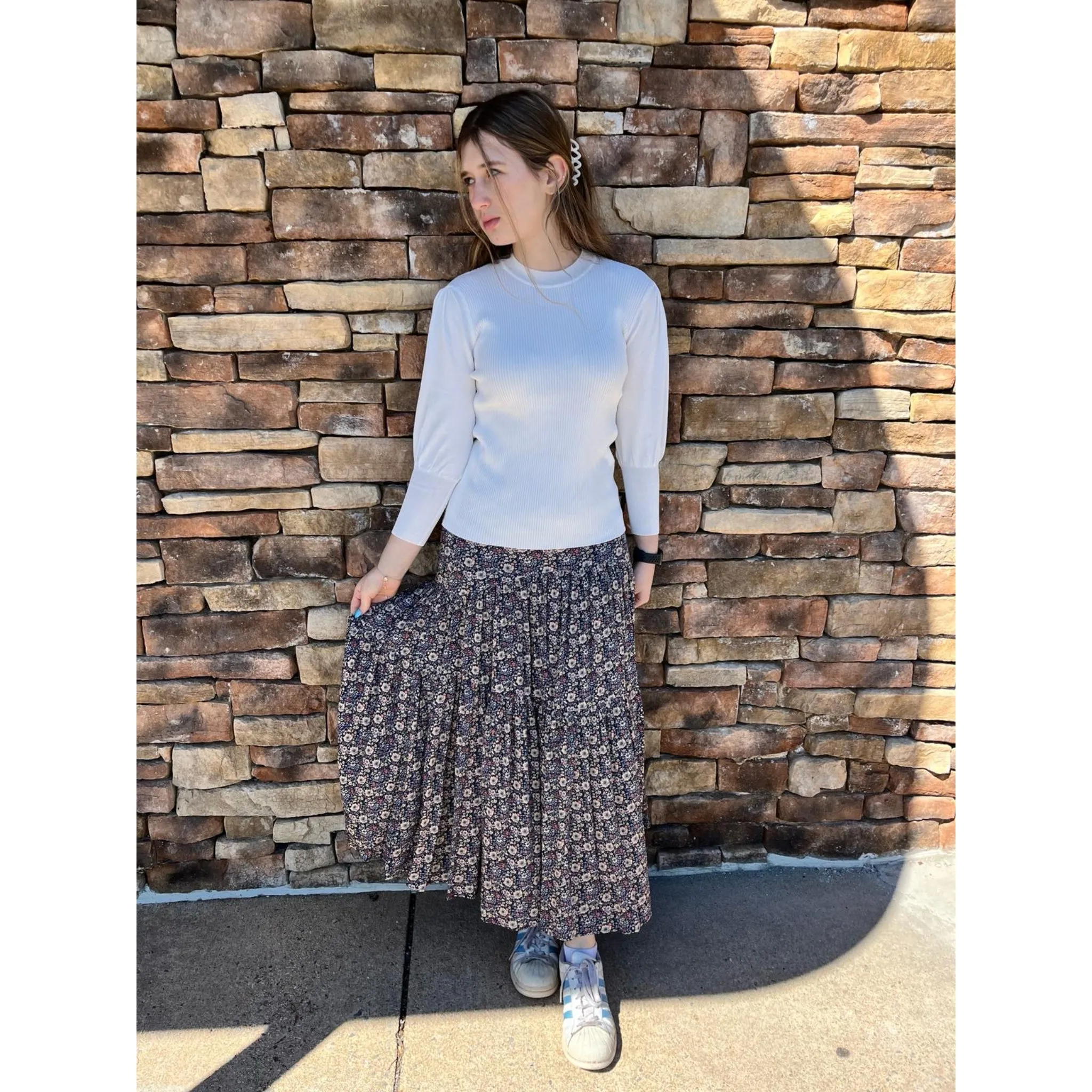 White Ribbed Puff Sleeve Top