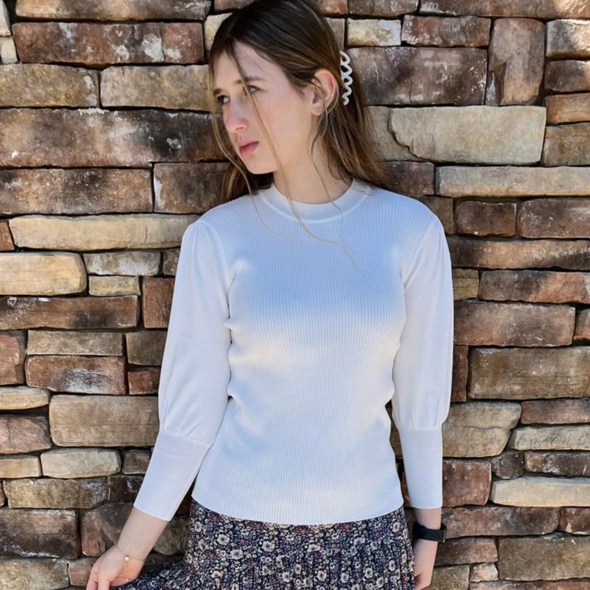 White Ribbed Puff Sleeve Top