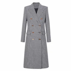 Women Tall Black Stripe Double Breasted Maxi Coat Trench Coat